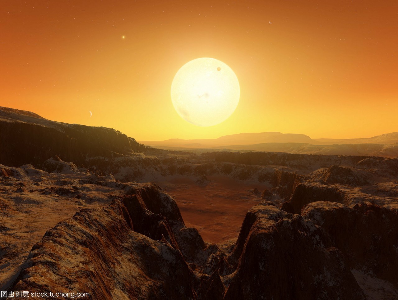 陌生的風景。在一個假想的外星星球上,對半人馬座雙星系統的一種觀點的計算機藝術。半人馬座阿爾法星系距離太陽44光年,由兩個類似太陽的恒星組成,相隔30多億公里半人馬座阿爾法星中心,大可以在地平線上看到,而b右上則是遠處的一個亮點。月亮暗斑可以看到軌道恒星a。
